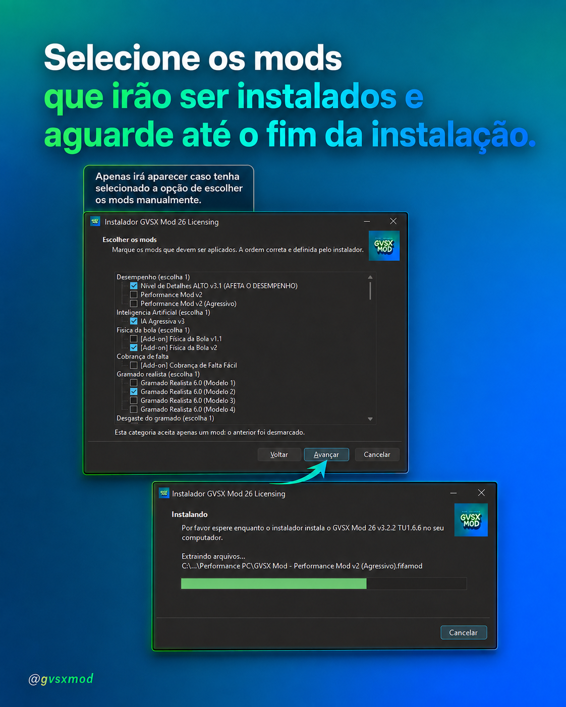 Passo 5 — Selecione os mods que serão instalados e aguarde o fim da instalação